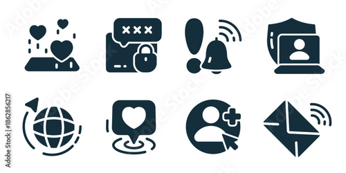 Social media excellent icon collection. Love reaction, locked chat, notification bell, profile screen, global network, liked post, add friend, message send