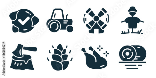 Farm and agriculture excellent icon collection. Tractor, windmill, scarecrow, axe stump, wheat grain, hay bale, corn cob, farming tools