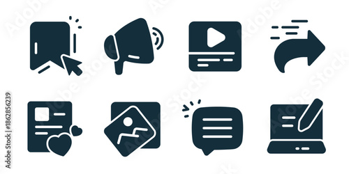 Blog and post excellent icon collection. Bookmark click, megaphone announcement, video post, share arrow, liked article, image card, chat message, edit blog