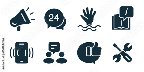 Customer service excellent icon collection. Megaphone, twenty four help, emergency assistance, information book, phone, group conversation, feedback, technical tools