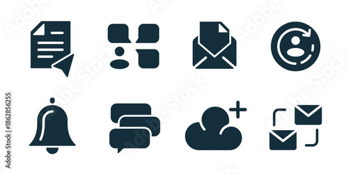Chat and messaging excellent icon collection. Send document, chat bubbles, mail message, user refresh, notification bell, stacked messages, cloud add, mail sync