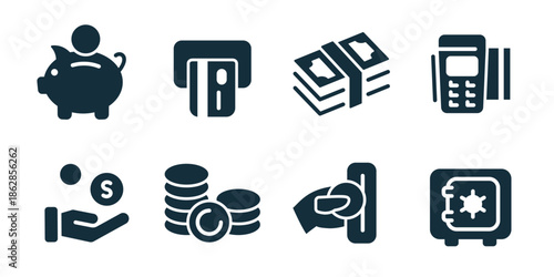 Finance and payment excellent icon collection. Piggy bank savings, credit card, cash bundle, POS terminal, money hand, coin stack, ATM withdrawal, secure safe