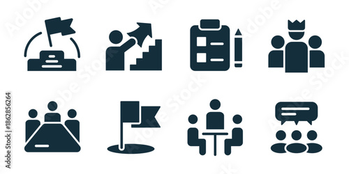Goal setting and business planning excellent icon collection. Flag goal, growth stairs, task checklist, leader crown, meeting table, target flag, discussion group, speech bubbles