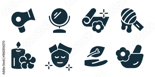 Beauty and skincare excellent icon collection. Hair dryer, makeup mirror, spa towel flower, facial mask, candle flower, clean face, hand care, cosmetic bowl