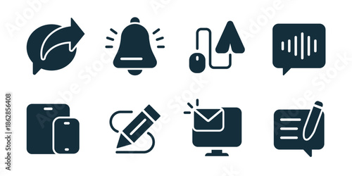 Email and message excellent icon collection. Reply arrow, notification bell, upload file, voice message, chat bubble, device sync, text edit, inbox message