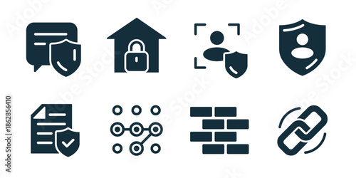 Security excellent icon collection. Secure chat, locked home, protected user, identity shield, verified document, network nodes, firewall wall, secure link