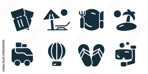 Hotel excellent icon collection. Tickets, beach umbrella, travel bag, island, car travel, hot air balloon, flip flops, diving mask