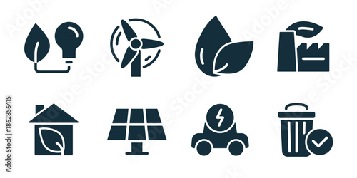 Environment excellent icon collection. Eco bulb leaf, wind turbine, water drop leaf, factory emissions, eco house, solar panel, electric car, waste bin