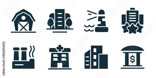 Buildings excellent icon collection. Barn building, office complex, lighthouse, award building, factory plant, hospital building, city block, bank institution