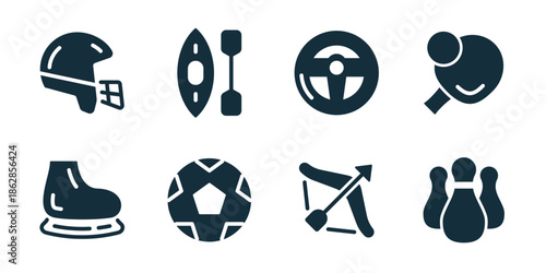 Sport excellent icon collection. Kayak paddle, steering wheel, tennis racket, bowling pins, ice skate, football ball, archery bow, bowling set