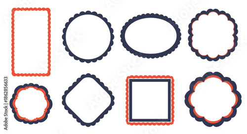 Set of decorative frames and labels in different shapes with scalloped edges for scrapbooking and design.