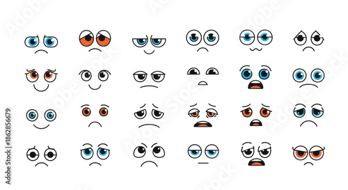 Large collection of diverse cartoon eye expressions showing various emotions from happy and sad to angry and bored.