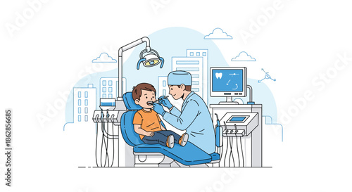 Male dentist in uniform examining a young boys teeth in a professional dental clinic with modern medical equipment.