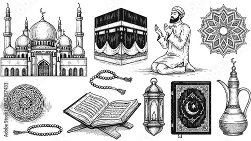 Islamic Prayer Illustration – Quran, Kaaba and Mosque Symbols for Faith & Worship Design