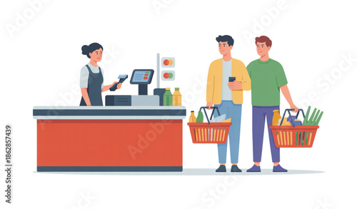 Family shopping and card payment flat vector illustration isolated on white