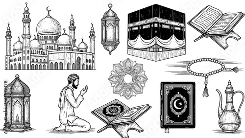 Islamic Prayer Illustration – Quran, Kaaba and Mosque Symbols for Faith & Worship Design
