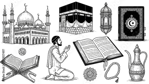 Islamic Prayer Illustration – Quran, Kaaba and Mosque Symbols for Faith & Worship Design