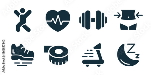 Fitness and gym excellent icon collection. Jumping person, heart rate, dumbbell, waist training belt, sport shoe, measuring tape, treadmill, sleep moon
