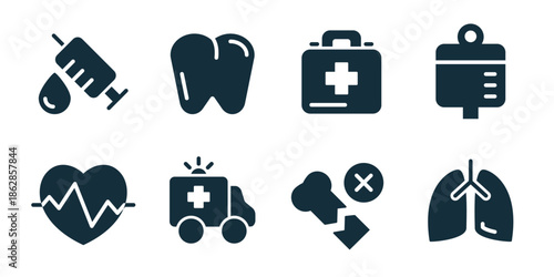Medicine excellent icon collection. Syringe injection, tooth care, first aid kit, medical report, heart rate, ambulance, broken bone, lungs