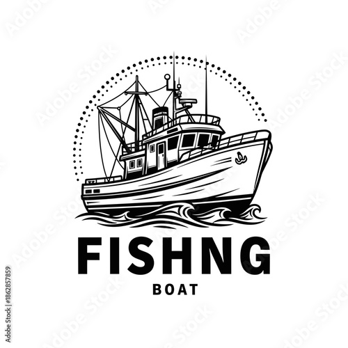 Fishing Boat Logo Icon – Commercial Trawler Emblem for Seafood, Marine & Branding Design