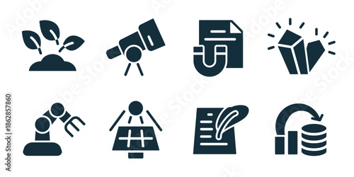 Science excellent icon collection. Plant growth, telescope, research document, crystal minerals, robotic arm, solar panel, feather pen document, data storage