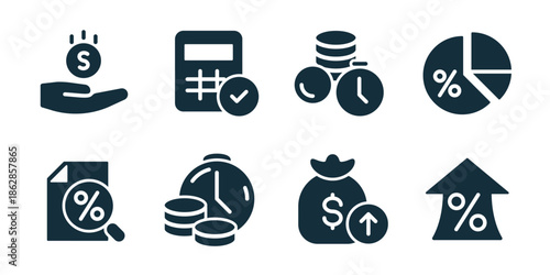Taxes excellent icon collection. Money hand income, tax document check, coin time stack, percentage chart, tax file search, payment deadline, profit growth, tax rate house