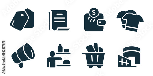 Shopping excellent icon collection. Price tags, document list, wallet money, clothes apparel, auction hammer, store shelf, shopping cart, warehouse building