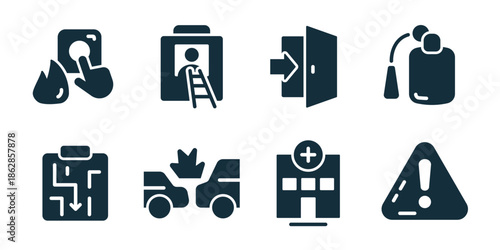 Emergency and accident excellent icon collection. Phone emergency call, rescue ladder window, exit door arrow, fire extinguisher, evacuation plan, car collision, hospital building, warning triangle