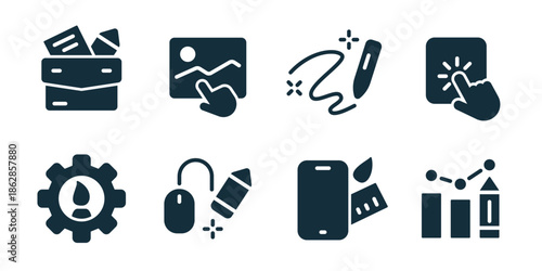 Graphic design excellent icon collection. Toolbox supplies, chart touch, brush stroke, tap action, gear drop, mouse pen, phone brush, analytics bars