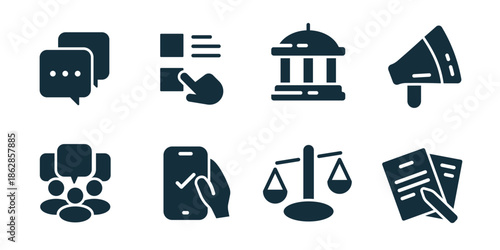 Politics and voting excellent icon collection. Chat messages, interface selection, government building, protest megaphone, group discussion, mobile approval, justice scales, signed documents