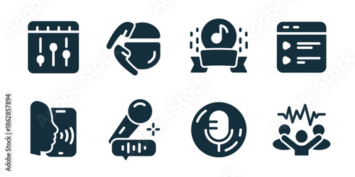 Music and audio excellent icon collection. Audio mixer, headphones, music award, playlist interface, voice command, microphone button, studio mic, sound wave people
