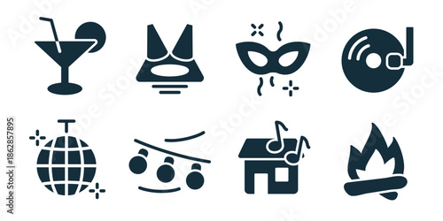 Party and celebration excellent icon collection. Cocktail drink, bikini beach, carnival mask, snorkeling, disco ball, stage lights, music house, campfire flame