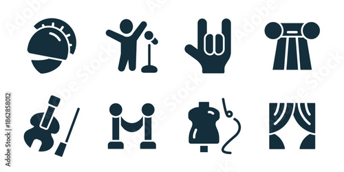 Art and culture excellent icon collection. Theater mask, art palette brush, film camera, applause hands, sculpture profile, performance stage, violin instrument, curtain scene