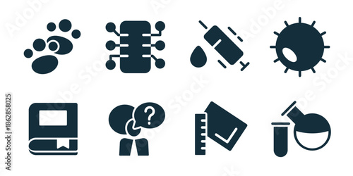 Science excellent icon collection. Paw print, network chip, syringe drop, virus cell, book archive, question discussion, measurement ruler, chemistry flask