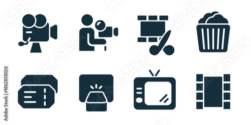 Cinema and video excellent icon collection. Film camera, video recording, clapboard scene, popcorn snack, tickets pass, spotlight alarm, television screen, film strip