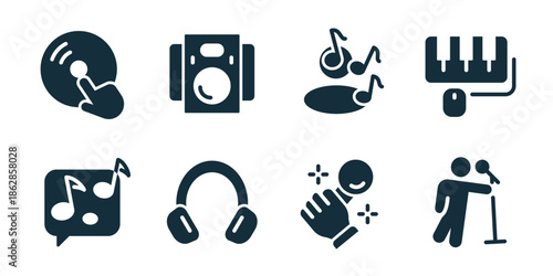 Music and audio excellent icon collection. Volume touch, speaker system, music notes, keyboard mouse, chat melody, headphones listen, singing microphone, performer stage