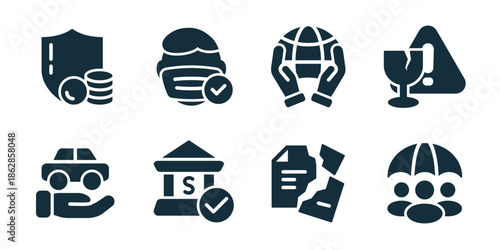 Insurance excellent icon collection. Coin shield, verified helmet, global protection, fragile warning, car insurance, bank approval, broken document, family coverage