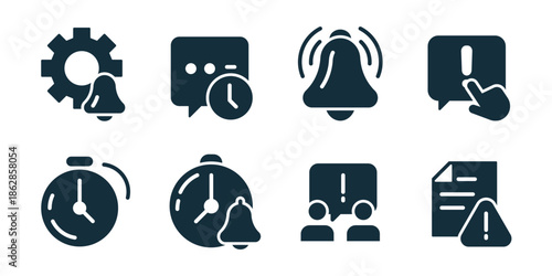 Notification excellent icon collection. Bell alert, message warning, system notification, chat reminder, time alert, comment warning, user notice, document alert