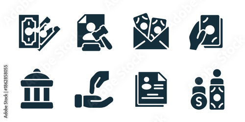 Corruption excellent icon collection. Money envelope, judge document, cash transfer, corruption warning, courthouse building, legal verdict, bribery hands, financial crime