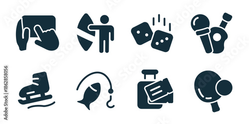 Hobby excellent icon collection. Ice skating boot, fishing hook with fish, bowling ball and pin, playing cards deck, guitar and microphone, paint palette and brush, ping pong paddle, dice cubes