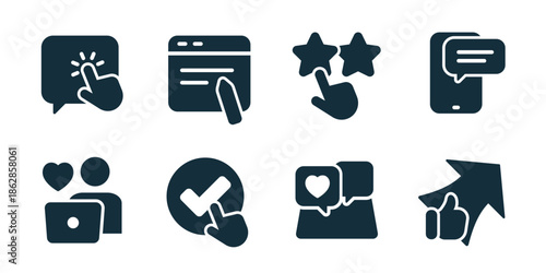 Feedback excellent icon collection. Love message, rating stars, positive comment, user response, approval check, satisfaction chat, feedback notification, engagement icon