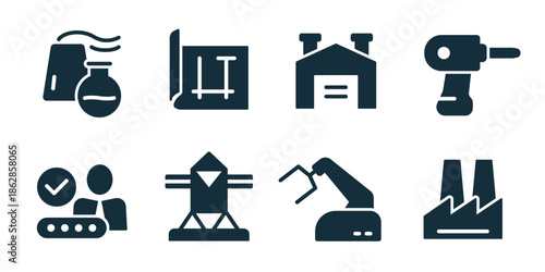 Industrial excellent icon collection. Chemical container, blueprint plan, factory building, power drill, verified worker, industrial tower, robotic arm, manufacturing plant