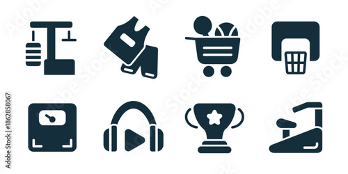 Sport competition excellent icon collection. Weight scale, audio training, trophy cup, fitness bench, smart watch, measurement tape, nutrition bottle, energy supplement