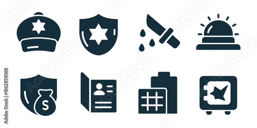 Criminal excellent icon collection. Police cap, shield badge, blood knife, alarm siren, money shield, identity document, secured safe, warning investigation
