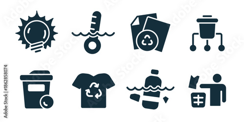 Ecology and recycle excellent icon collection. Eco light bulb, water thermometer, recycle documents, trash container system, waste bin call, recycle clothing, plastic pollution, public recycling
