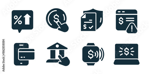 Online payment excellent icon collection. Interest growth alert, digital coin tap, secure document payment, finance warning, wallet cards, online bank access, smart watch payment, laptop income