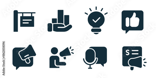 Advertising excellent icon collection. Street sign board, growth hand chart, idea bulb check, feedback like, megaphone chat, speaker person, microphone message, promo screen