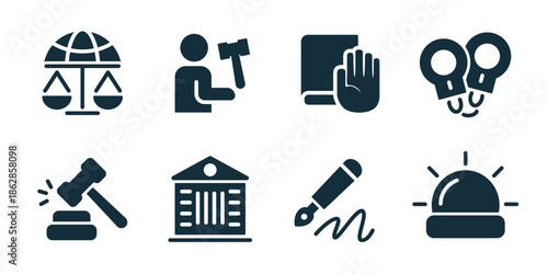 Law and justice excellent icon collection. Balance umbrella scales, judge with gavel, law book with stop hand, handcuffs, gavel strike, courthouse building, signature pen, police siren