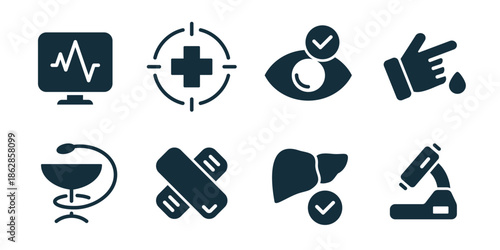 Medicine excellent icon collection. Medical monitor, health cross target, verified eye, hand drop, medicine bowl, bandage, liver check, microscope