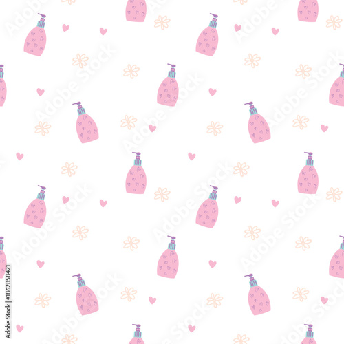 Feminine cosmetic bottle seamless pattern, self care skincare illustration in soft pastel tones